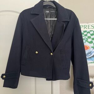 Zara Women's Navy Blue Jacket with Gold Buttons